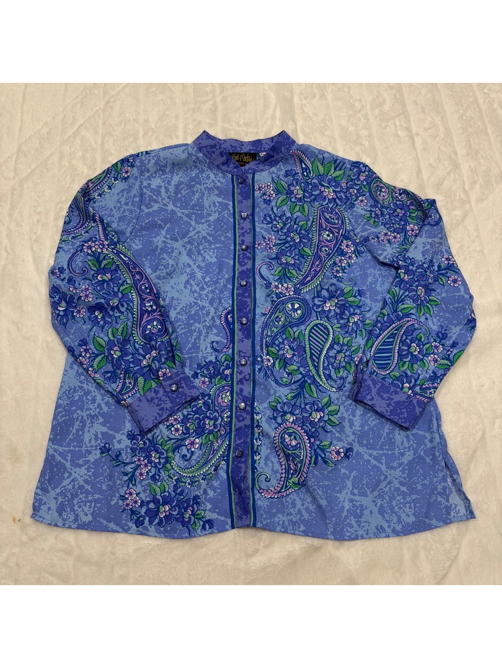 Bob Mackie Patterned Blue Floral Paisley Button-Up Shirt Women Large Polyester